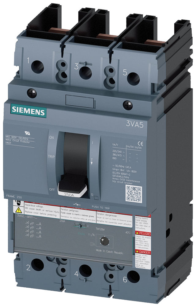 SIEMENS - SIE3VA52250MU310AA0 Interruttore automatico 3VA5 UL Frame 250 a 3 poli, protezione avviatore TM120M, AM, In=250 A