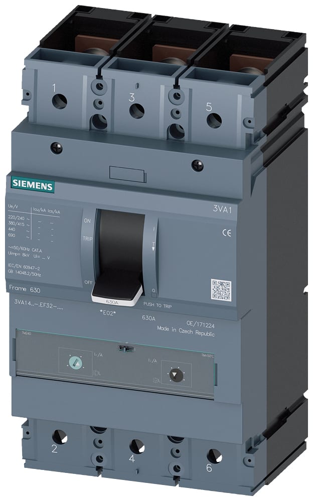 SIEMENS - SIE3VA14507EF320AA0 interruttore automatico 3VA1 IEC frame 630 classe del potere di interruzione C Icu=110kA con 415 V a 3 poli, protezione impianto TM240, ATAM, In=5...