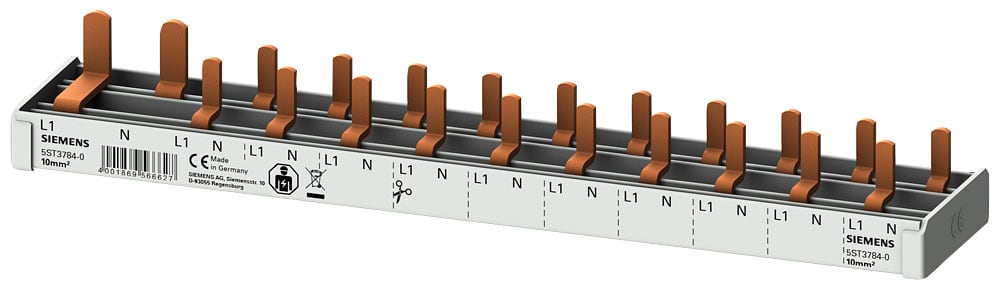 SIEMENS - SIE5ST37840 Sbarra di collegamento a punte 10mm², bifase, 1x (1 fase+N) + 10x (1 fase+N), 215mm sezionabile