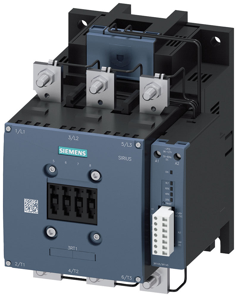 SIEMENS - SIE3RT10646PP35 Contattore, AC-3e, 225 A/110 kW/400 V, a 3 poli, AC/DC 200 ... 277 V, ingresso PLC opzionale, 1NO+1NC, sbarra di collegamento/morsetti a vite