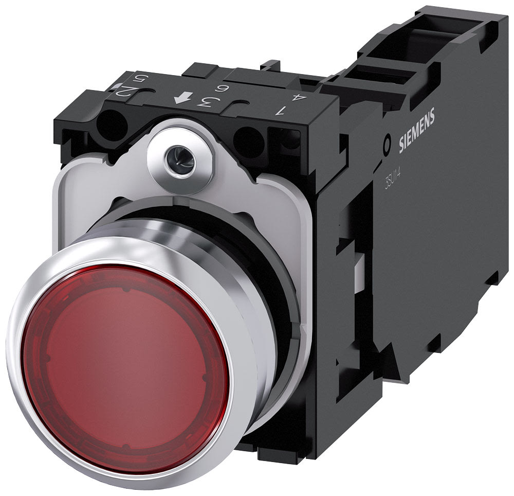 SIEMENS - SIE3SU11520AB201FA0 Pulsante, illuminato, 22 mm, rotondo, in metallo lucido, colore rosso, bottone, 1NO+1NC