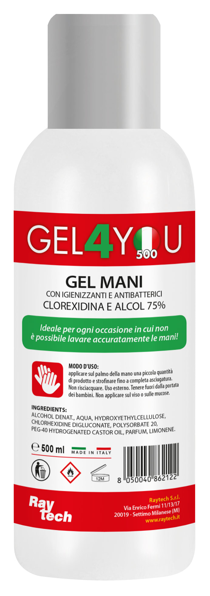 RAYTECH SRL RYTGEL4YOU-500 GEL4YOU 500ML GEL MANI IGIENIZ.