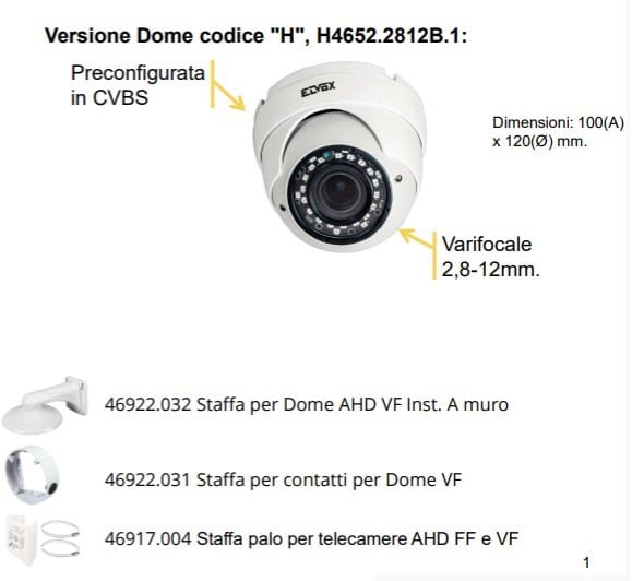 VIMAR SPA - VIWH4652.2812B.1 Telecamera DOME per Videocitofonia (CVBS