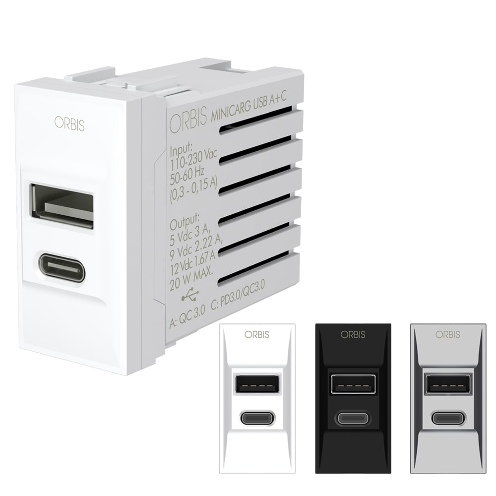 ORBIS ORBOB140622 MINICARG USB A+C 5VDC 3A INC ALIM.230V
