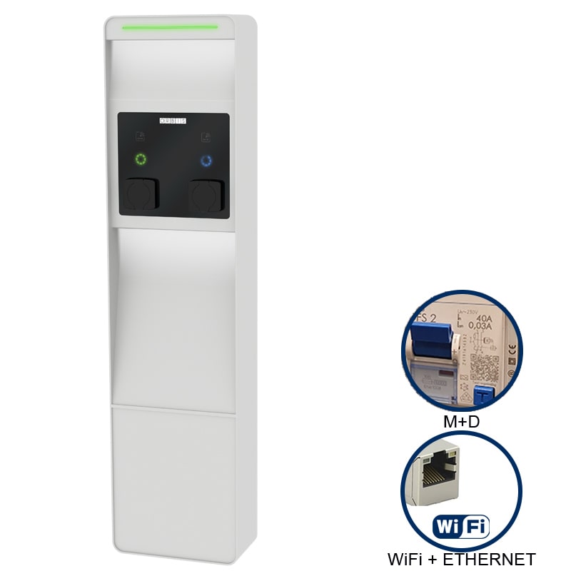 ORBIS - ORBOB94C7CCJA2 VIARIS CITY+ BBT2P22ETH TRIFASE 22 kW + 22 kW, 2 prese TIPO 2 e SHUTTER,WiFi+Ethernet, 2 protezioni magnet.+diff., lettore carte RFID