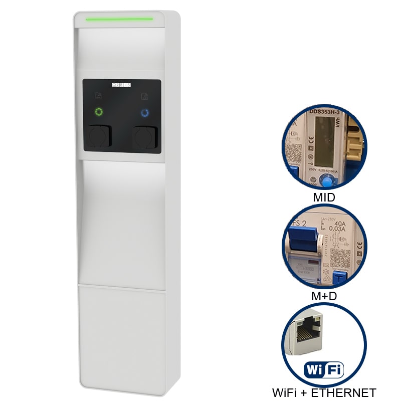 ORBIS - ORBOB94C7CCJC2 VIARIS CITY+ BBT2PE22ETH TRIFASE 22 kW + 22 kW, 2 prese TIPO 2 e SHUTTER,WiFi+Ethernet, 2 protezioni magnet.-diff.,2 cont. MID, lettore carte RFID