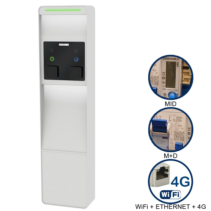 ORBIS - ORBOB94C7CCJC4 VIARIS CITY+ BBT2PE22ETHG TRIFASE 22 kW + 22 kW, 2 prese TIPO 2 e SHUTTER,WiFi+Ethernet+4G, 2 protezioni magnet.-diff.,2 cont.MID, lettore carte RFID