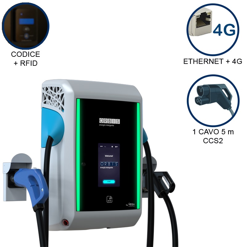 ORBIS - ORBOB94G5C042R0 VIARIS GRAVITY 1CCS40ETHG DC FAST CHARGER 40 kW, 1 uscita: CCS2, Cavo 5m, Ethernet+4G, lettore carte RFID