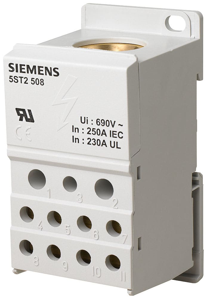 SIEMENS - SIE5ST2508 Blocco distributore a 1 polo, 250A, 690V ingresso 1x 35-120mm² uscita 2x2,5-25+5x 2,5-16+4x 2,5-10mm²