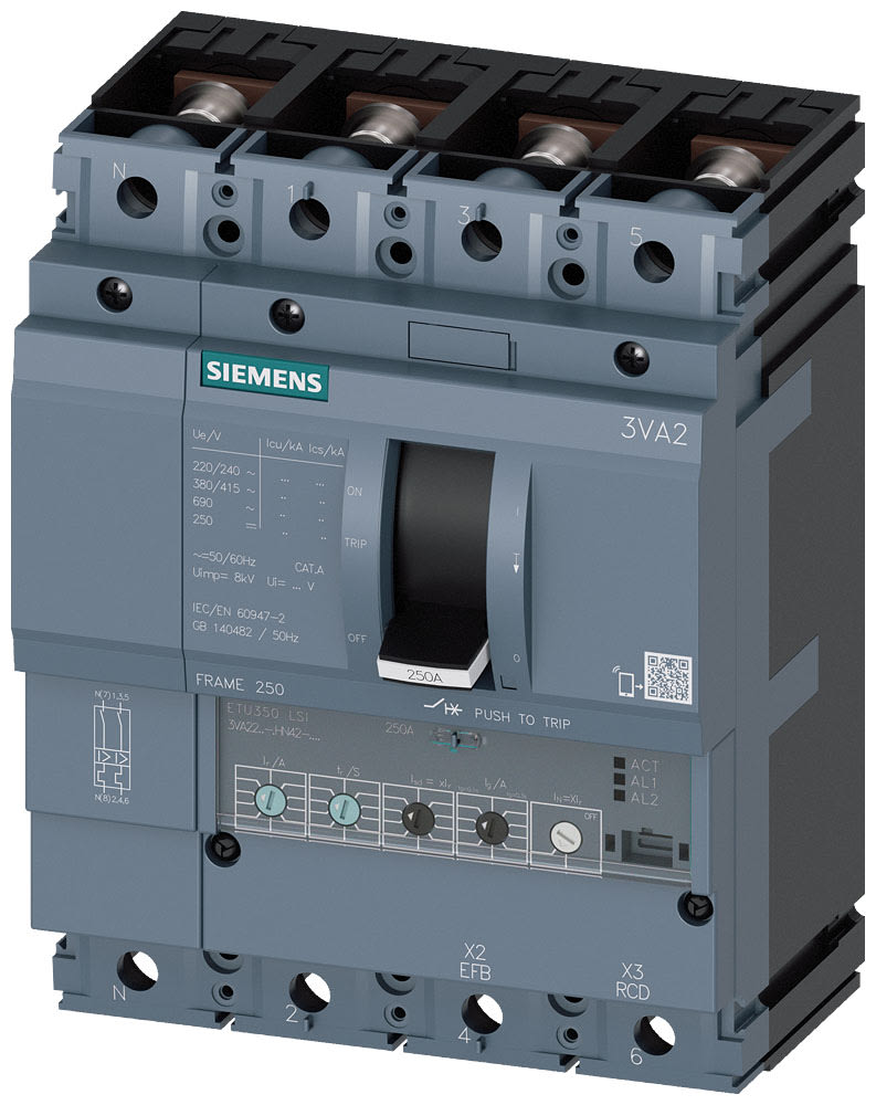 SIEMENS - SIE3VA22256HN420AA0 interruttore automatico 3VA2 IEC frame 250 classe del potere di interruzione H Icu=85kA con 415V a 4 poli, protezione impianto ETU350, LSI, In=250A...