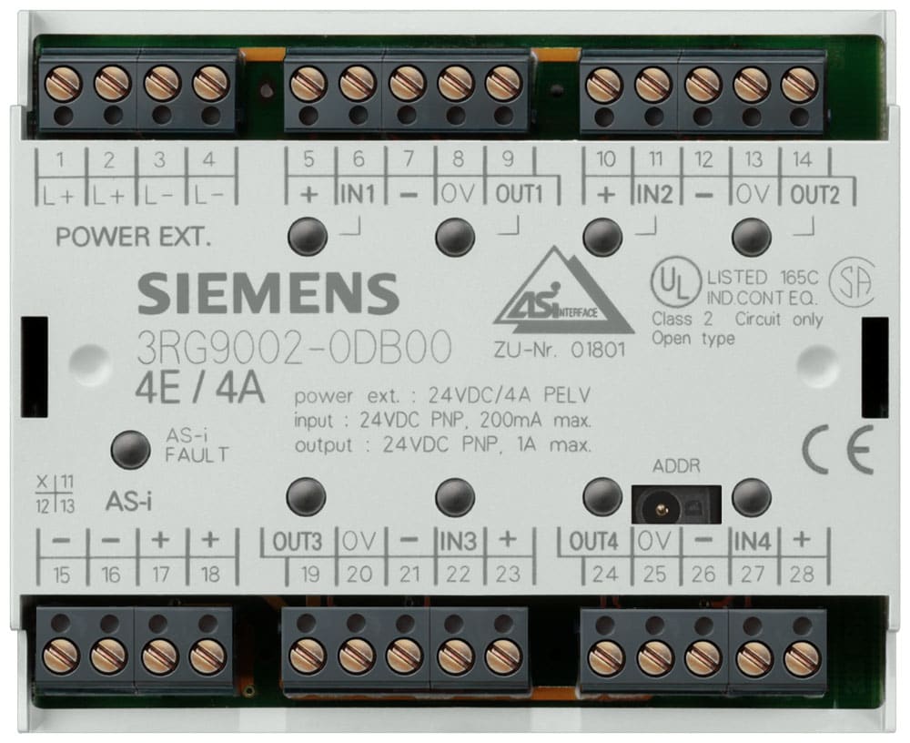 SIEMENS - SIE3RG90040DC00 Modulo AS-i F90, digitale, IP20, digitale, 4DI/4DQ, per sensori a 2/3 conduttori, 4 x 1 ingressi a potenziale libero