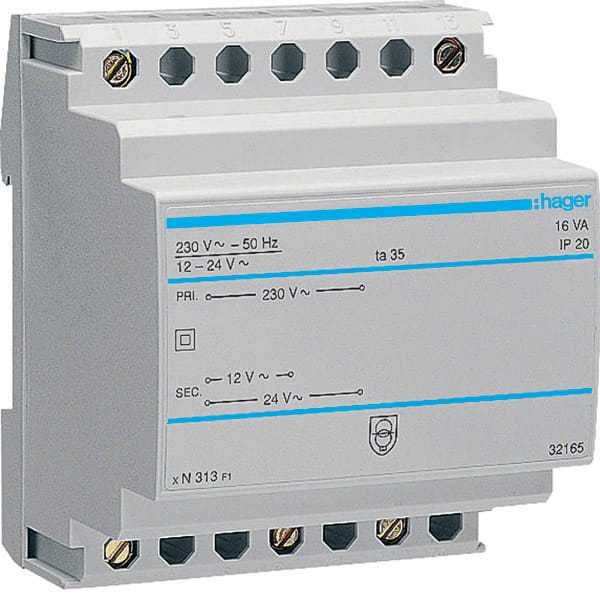 HAGER HAGST313 Sicherheitstrafo 230V/12+24V 16VA 4PLE