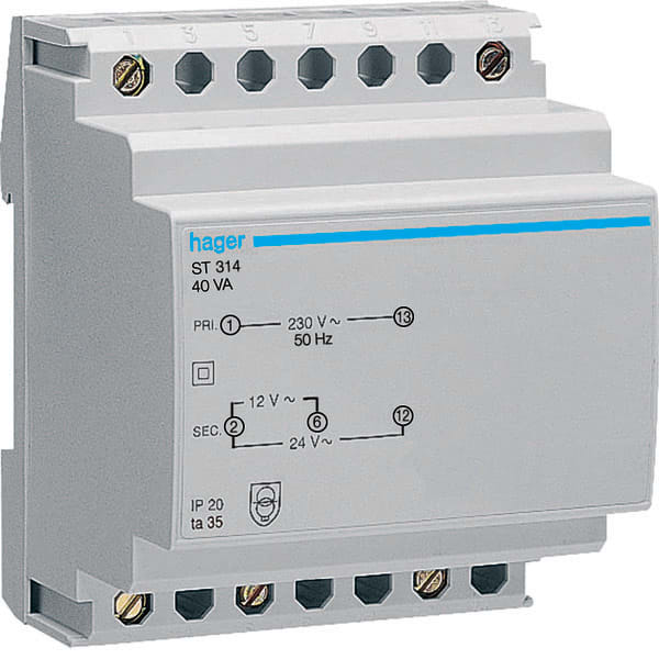 HAGER HAGST314 Sicherheitstrafo 230V/12+24V 40VA 4PLE