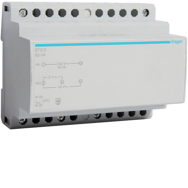 HAGER - HAGST315 Sicherheitstrafo 230V/12+24V 63VA 6PLE