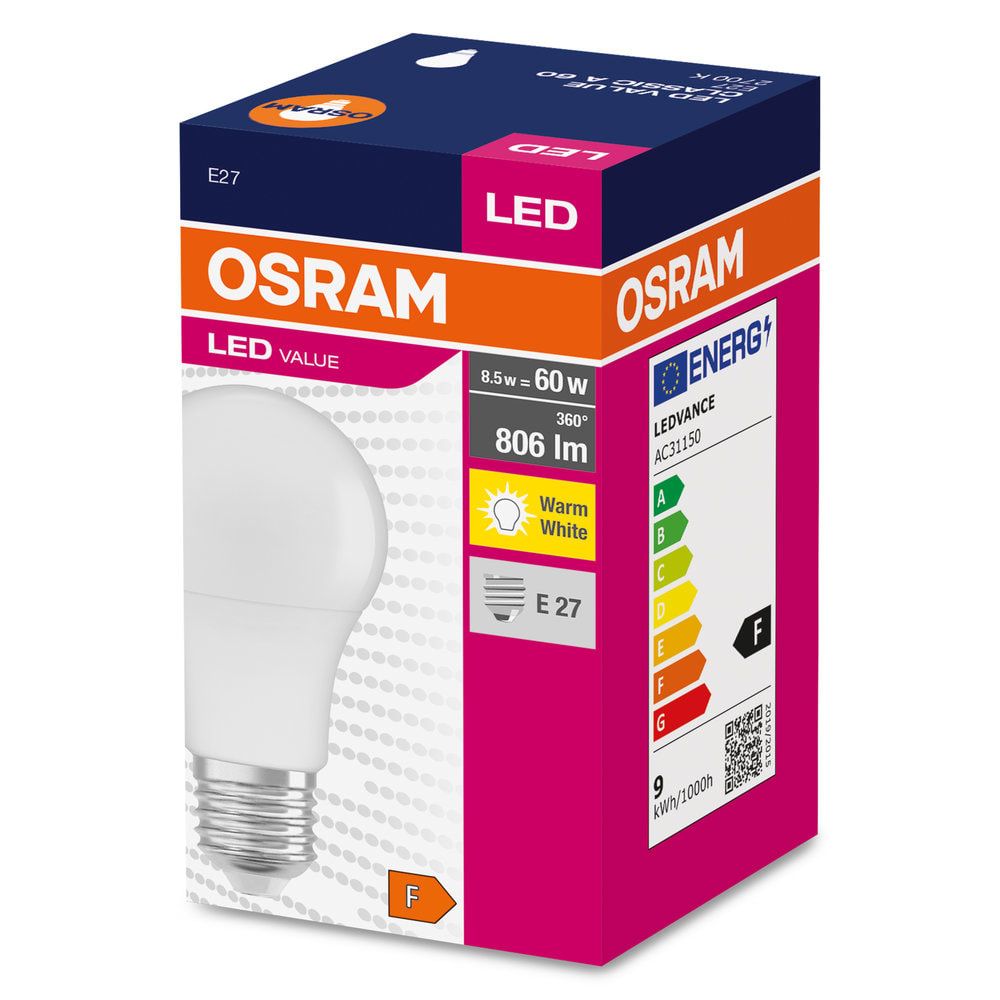 LEDVANCE LDVVCA60827S VALUECLA60 8,5W/827 230VFR E27 FS1 OSRAM
