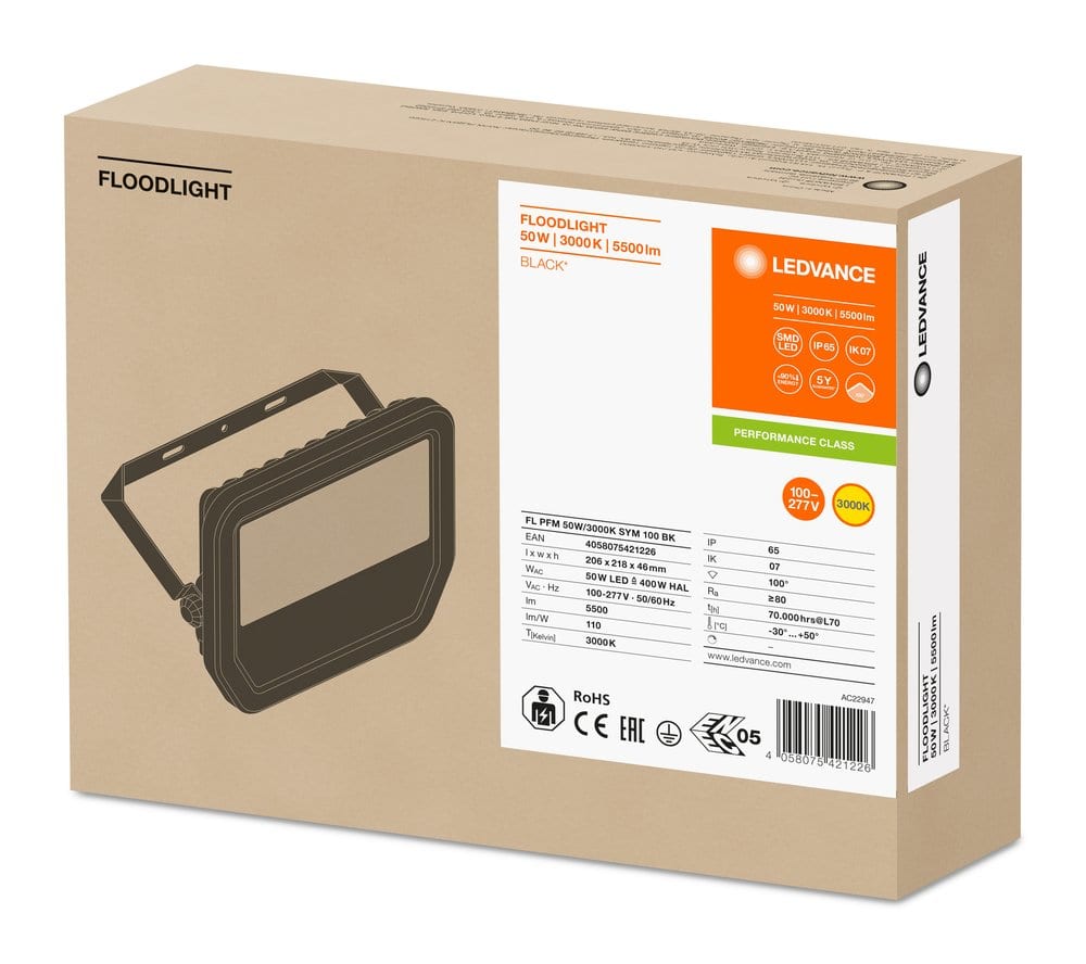 LEDVANCE LDVFLOOD50830BG3 FL PFM 50W/3000K SYM 100 BK LEDV
