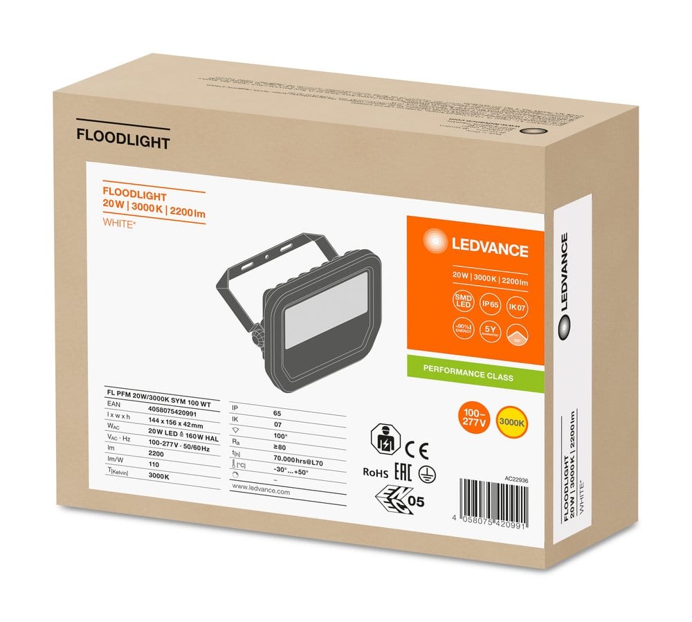 LEDVANCE LDVFLOOD20830WG3 FL PFM 20W/3000K SYM 100 WT LEDV