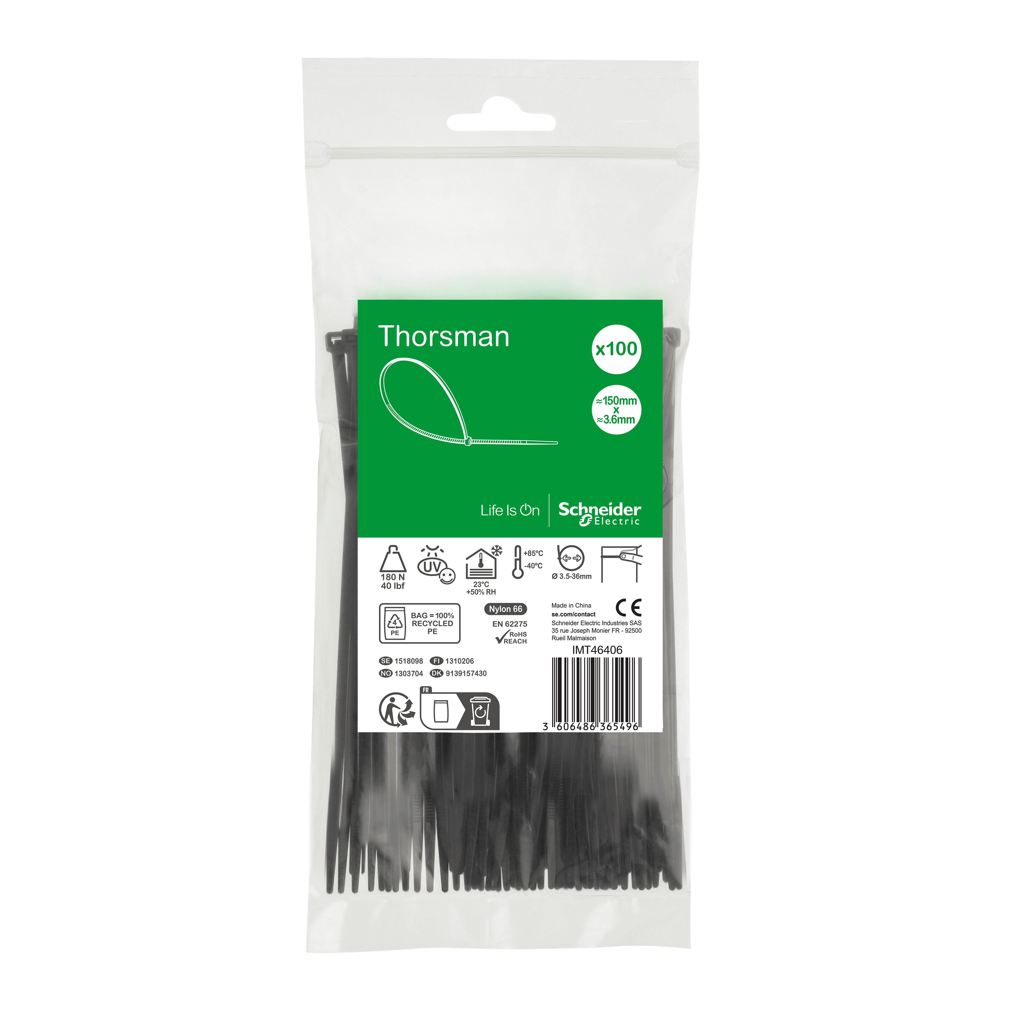 SCHNEIDER ELECTRIC SNRIMT46406 1 SACCHETTO 100 FASCETTE 150X3,6 NERO