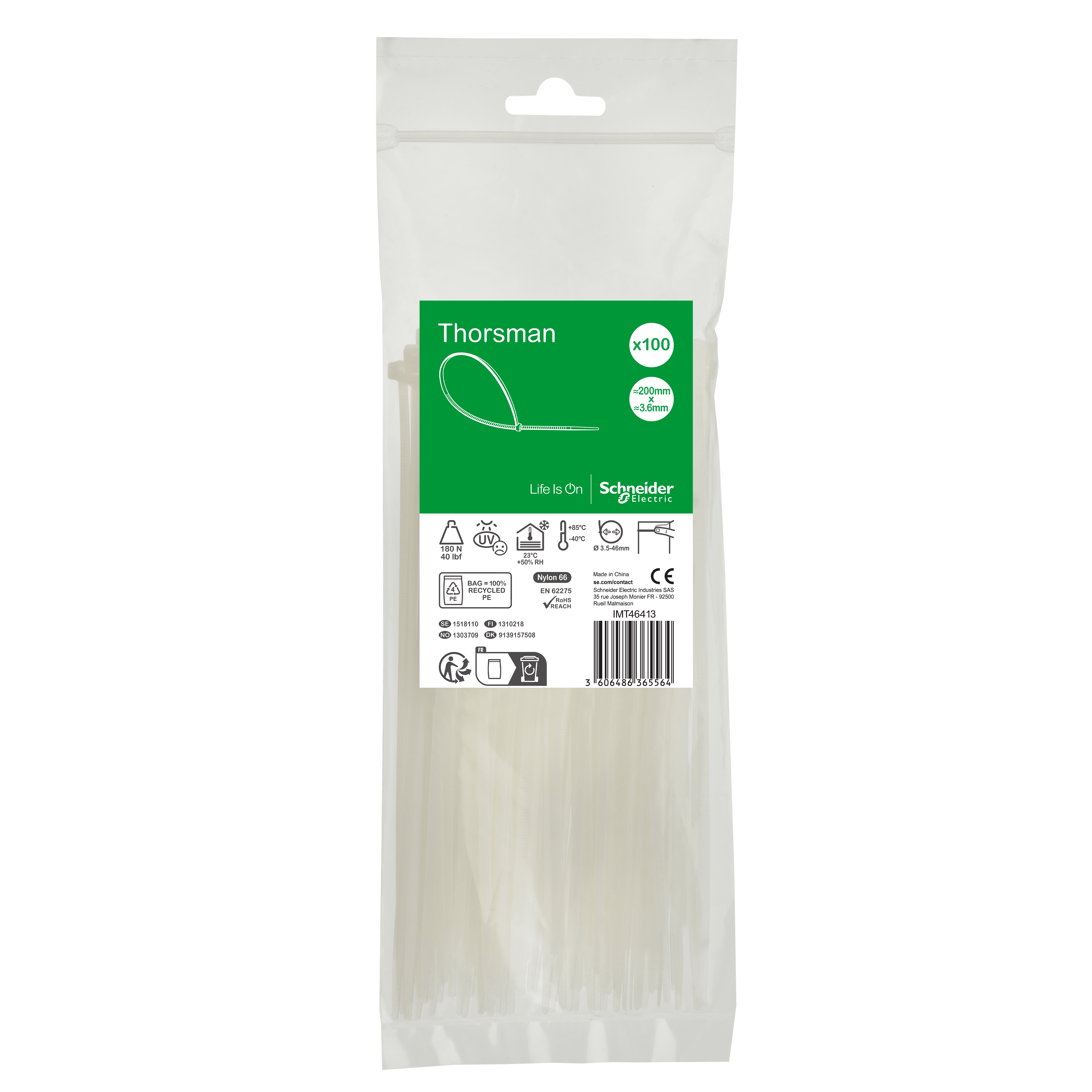 SCHNEIDER ELECTRIC SNRIMT46413 1 SACCHETTO 100FASCETTE 200X3,6 INCOLORE
