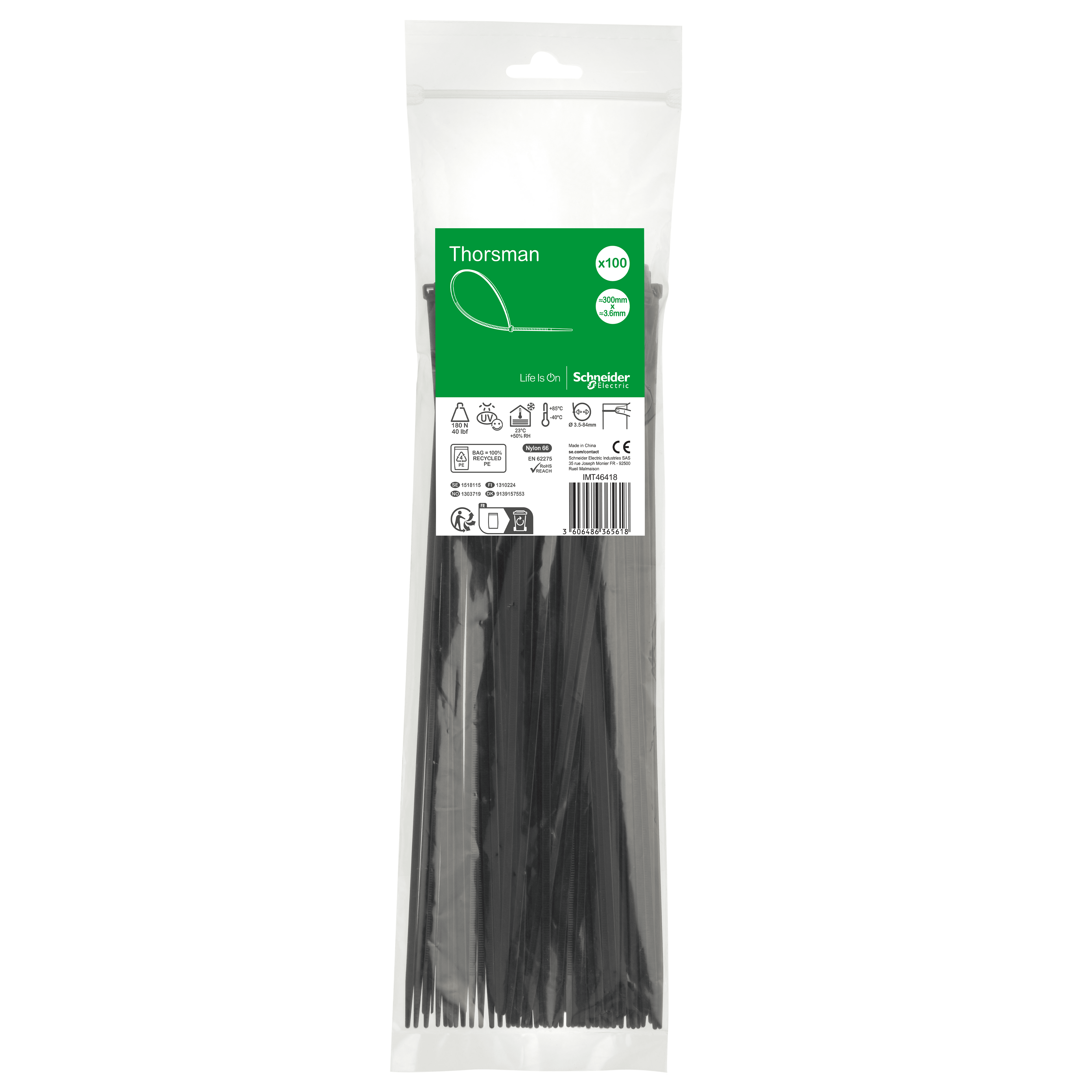 SCHNEIDER ELECTRIC SNRIMT46418 1 SACCHETTO 100 FASCETTE 300X3,6 NERO