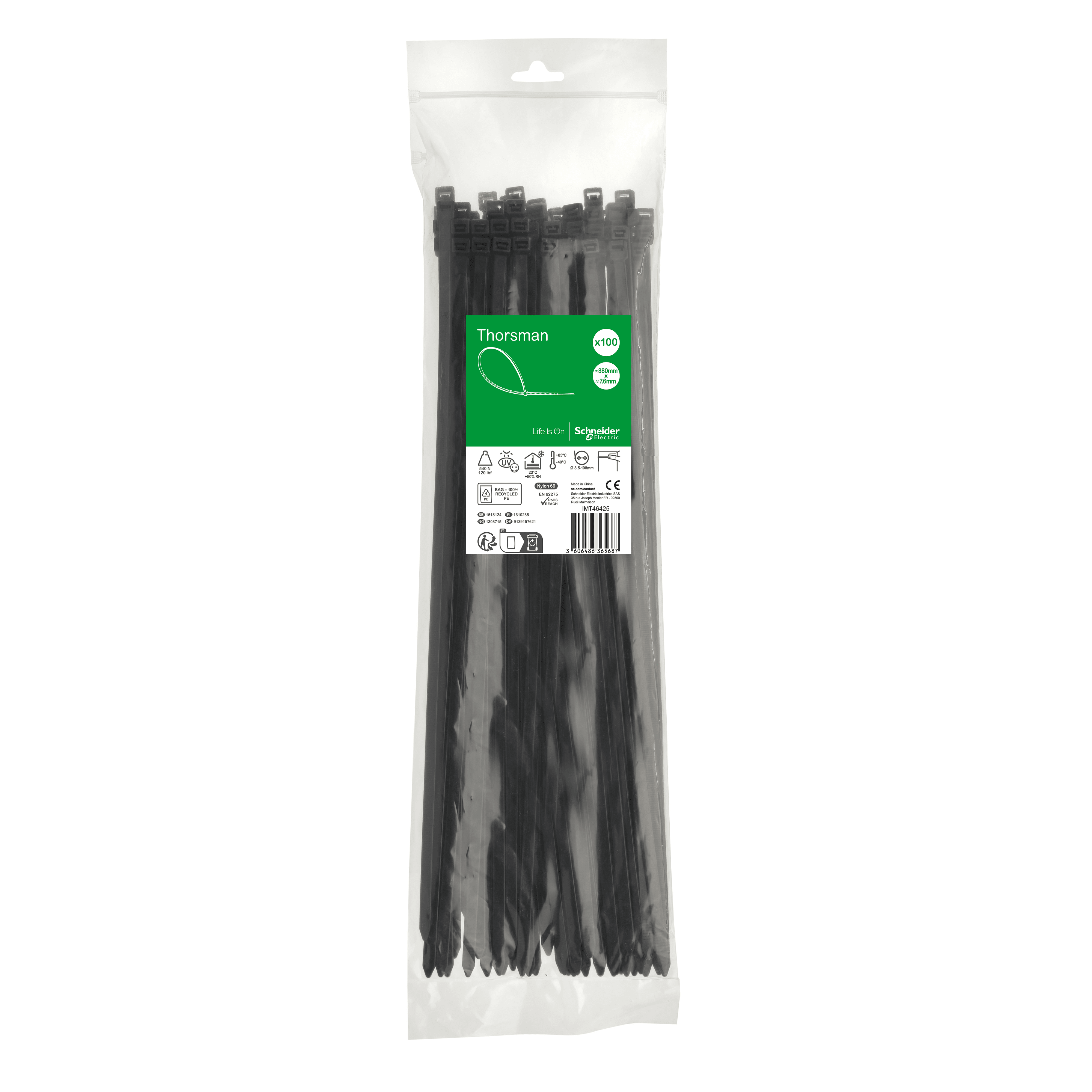 SCHNEIDER ELECTRIC SNRIMT46425 1 SACCHETTO 100 FASCETTE 380X7,6 NERO