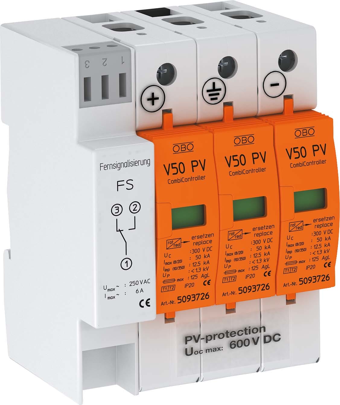 OBO BETTERMANN OBO5093625 V50 SPD T1+2 3P +FS 600V DC