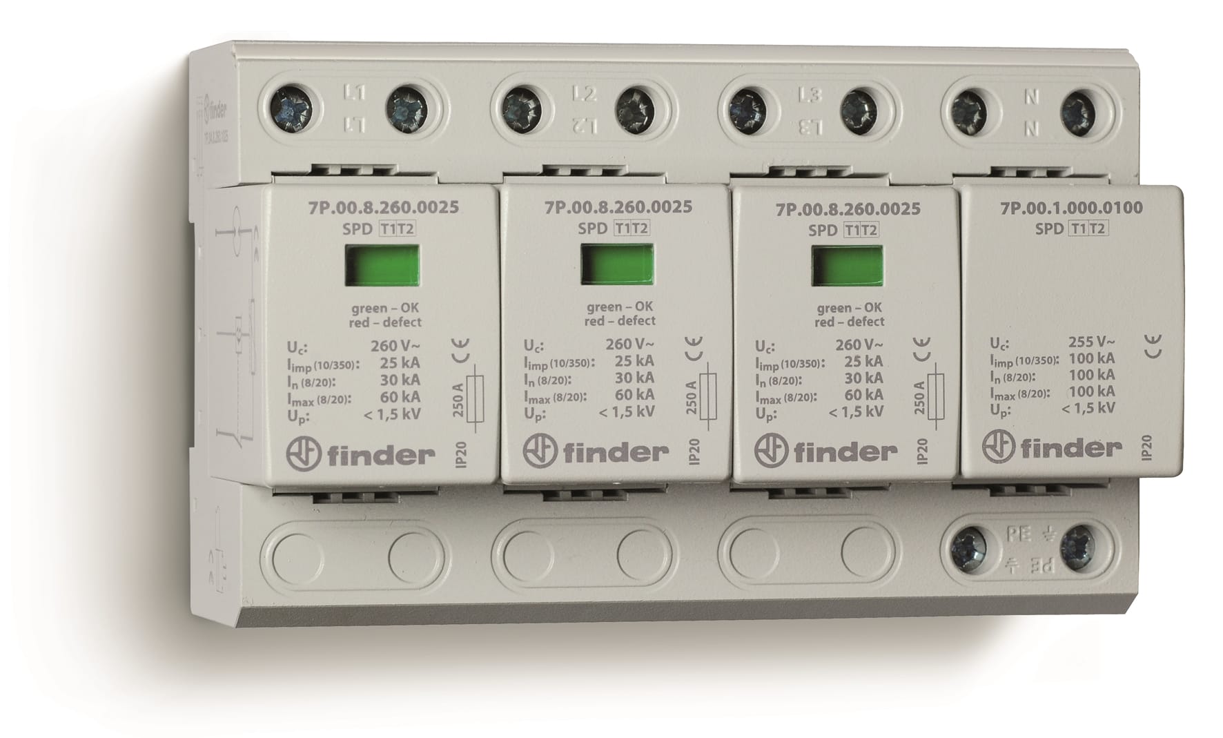 FINDER SPA FIN7P0482601025 SPD CLASSE1+2 TRIFASE 4P 260VAC 3+1 25KA