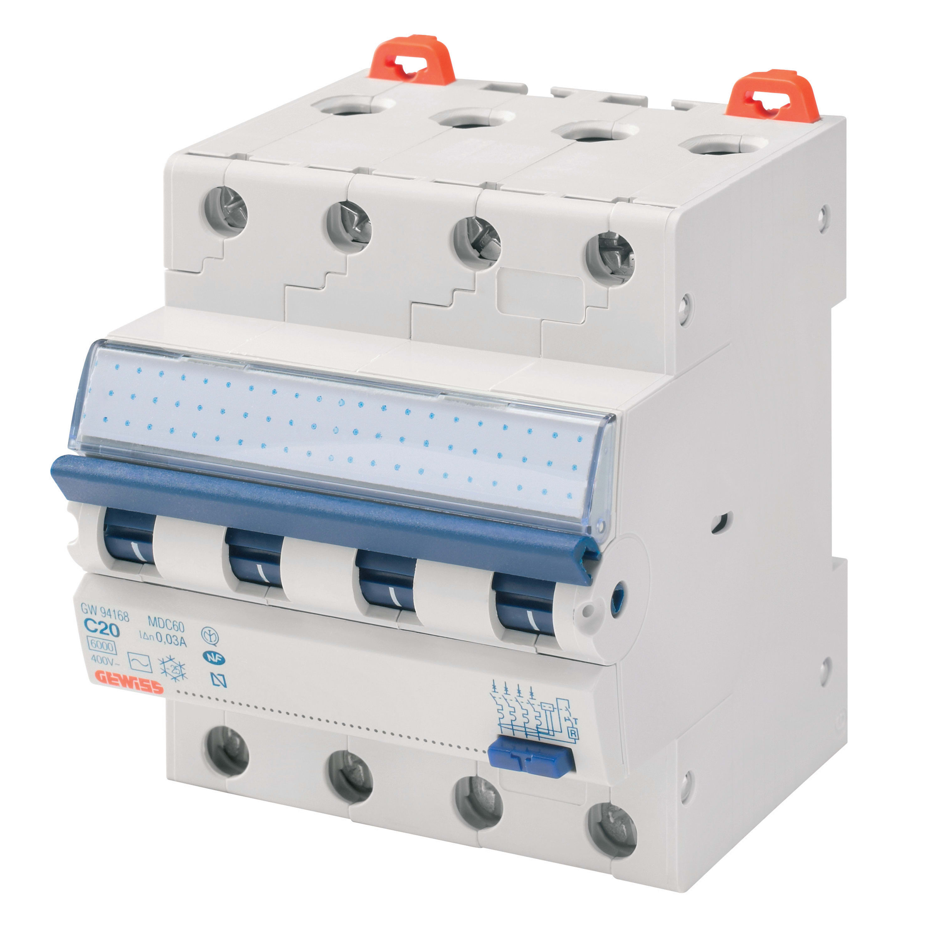 GEWISS - GEWGW94365 INTERRUTTORE MAGNETOTERMICO DIFFERENZIALE COMPATTO - MDC 60 - 4P CURVA C 6A TIPO A Idn=0,03A - 4 MODULI