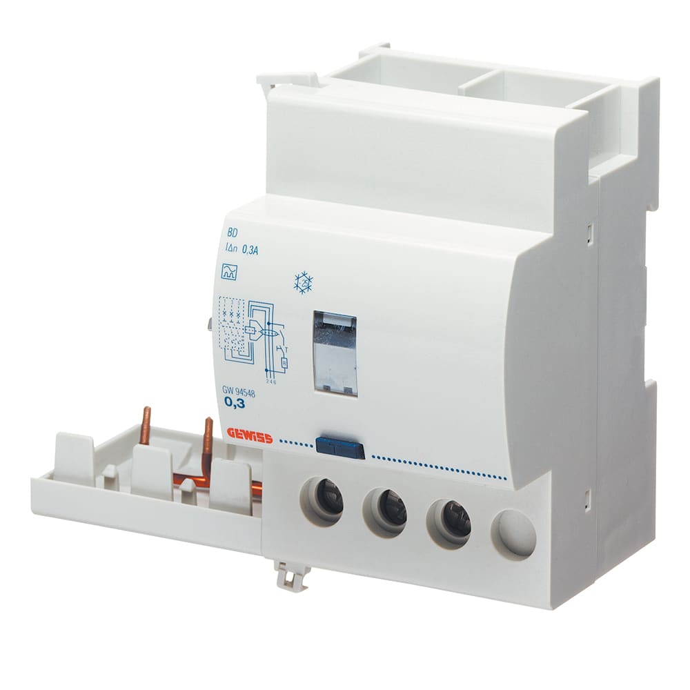 GEWISS - GEWGW94444 BLOCCO DIFFERENZIALE COMPONIBILE PER INTERRUTTORI MT - 3P 25A TIPO AC ISTANTANEO Idn=0,5A - 3,5 MODULI
