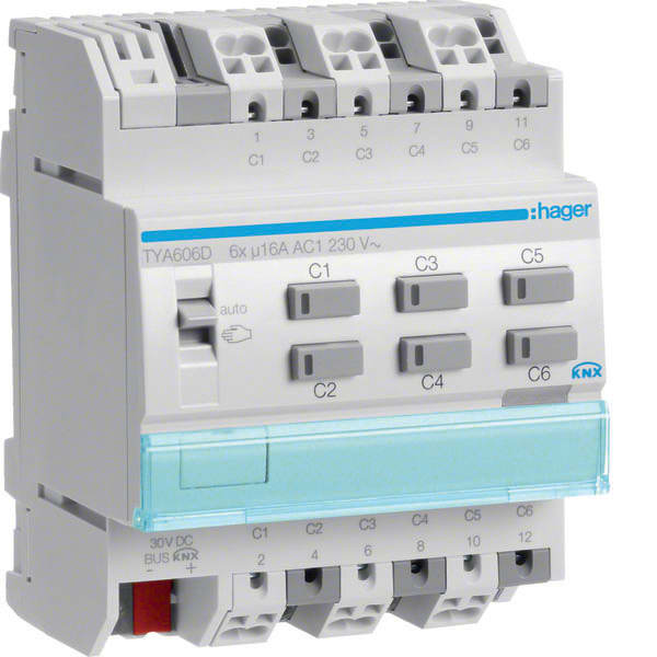 HAGER HAGTYA606D MOD.KNX+ TP 6 OUT 16A AC1 230V C-LOAD 4M
